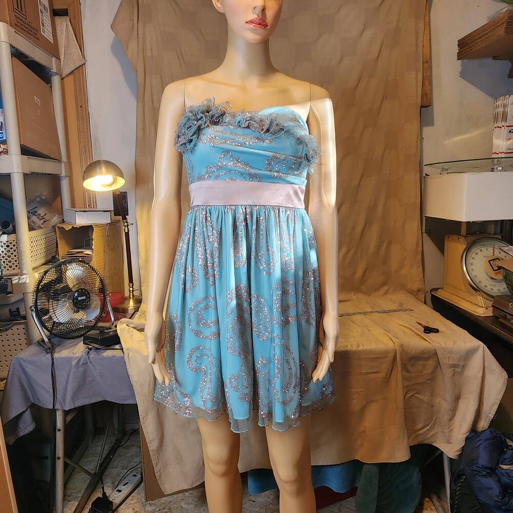 B. Wear Vintage Y2K Strapless Blue Glitter Mesh Dress/Zip up-Size 5. Jrs.